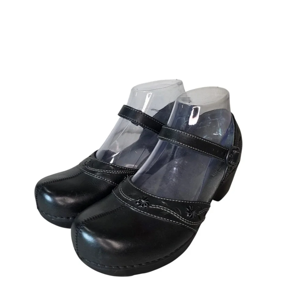 Dansko Womens EU 37 Black Leather Adjustable Strap Mary Jane Comfort Clogs